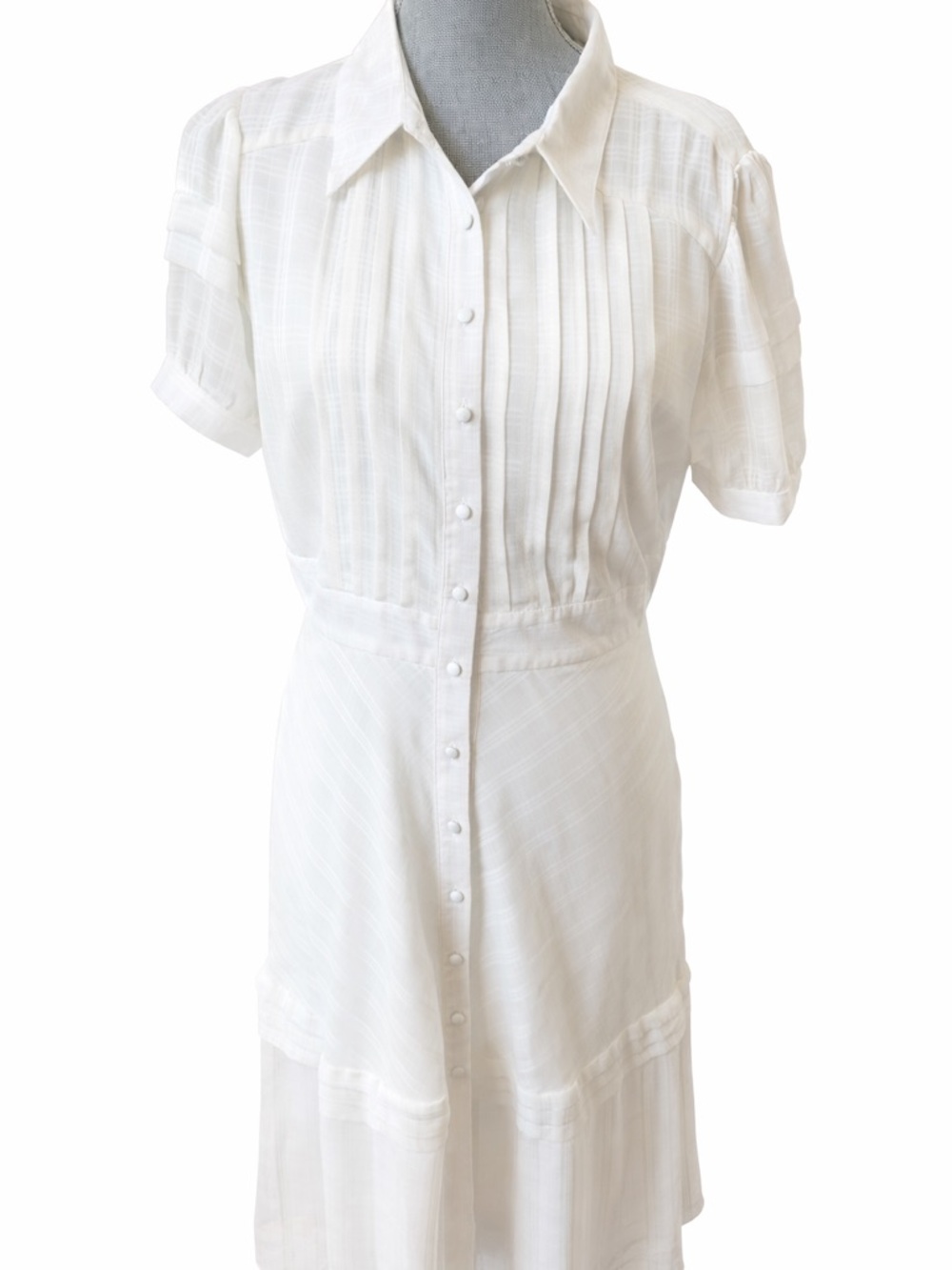 Walter Baker White Midi Shirt Dress Pleated Button Front Puff Sleeve Size 10